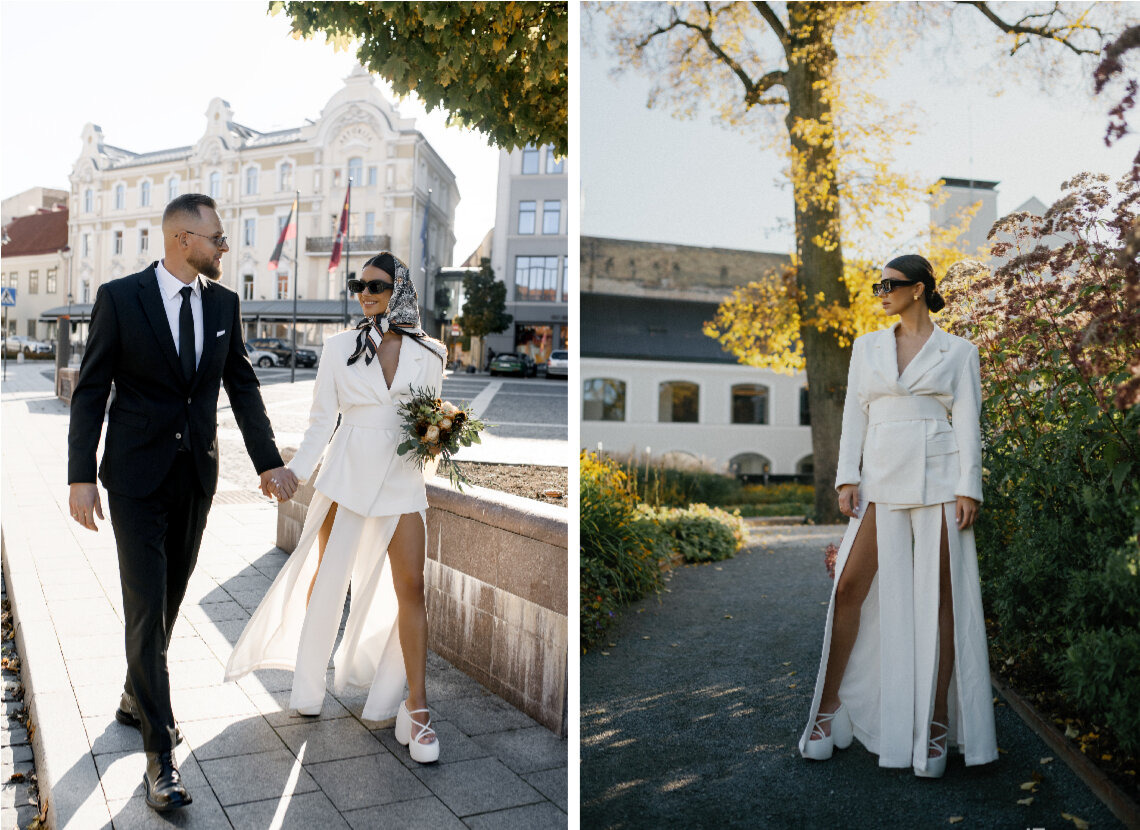 Baltas kostiumas vietoj vestuvinės suknelės. Už ar prieš?