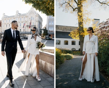 Baltas kostiumas vietoj vestuvinės suknelės. Už ar prieš? Baltas kostiumas vietoj vestuvinės suknelės. Už ar prieš?